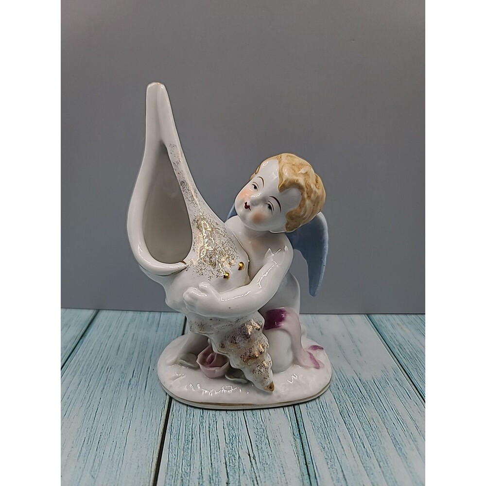 Vintage Acme Angel Cherub With Shell 6" Planter Hat Pin Holder Vase 1960s Japan